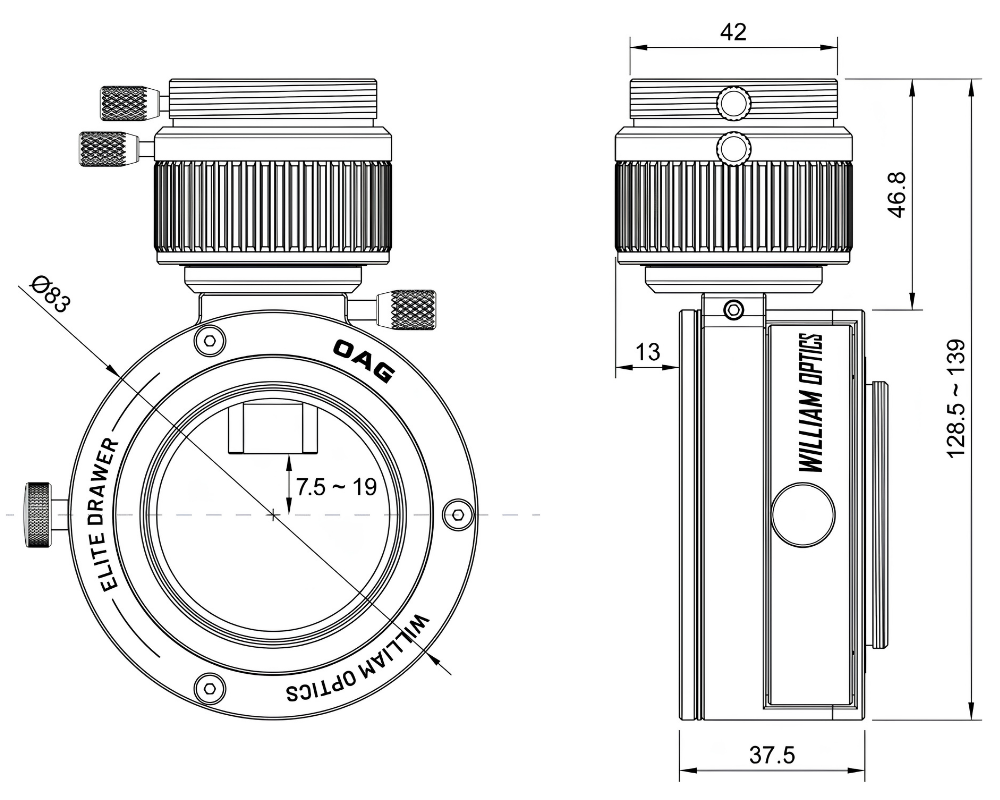 William Optics Elite Off-Axis Guider with M48 Threaded Filter Drawer Kit dimensional diagram