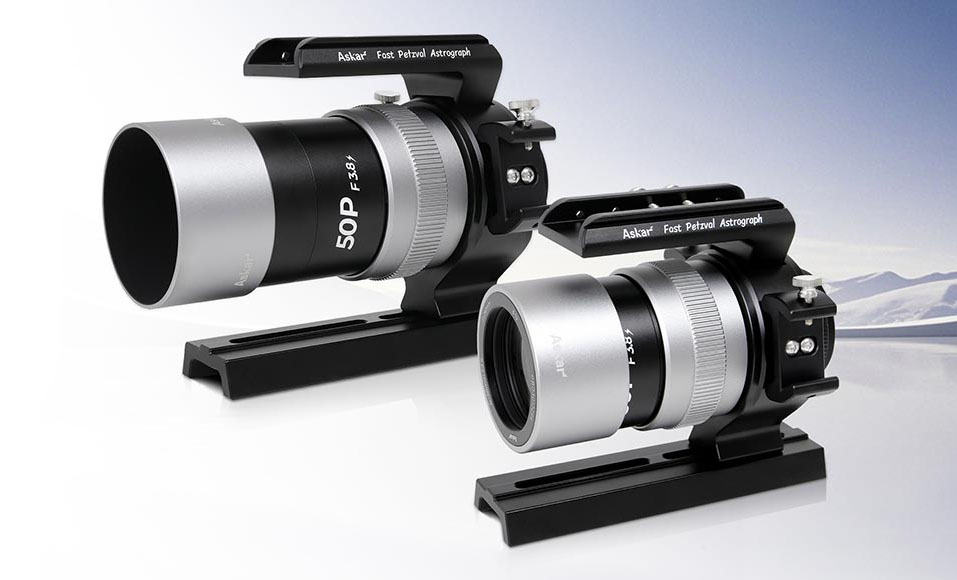 Askar 50P 50mm f/3.8 Quadruplet Petzval APO Refractor Telescope with extended and retracted dew shield side-by-side.
