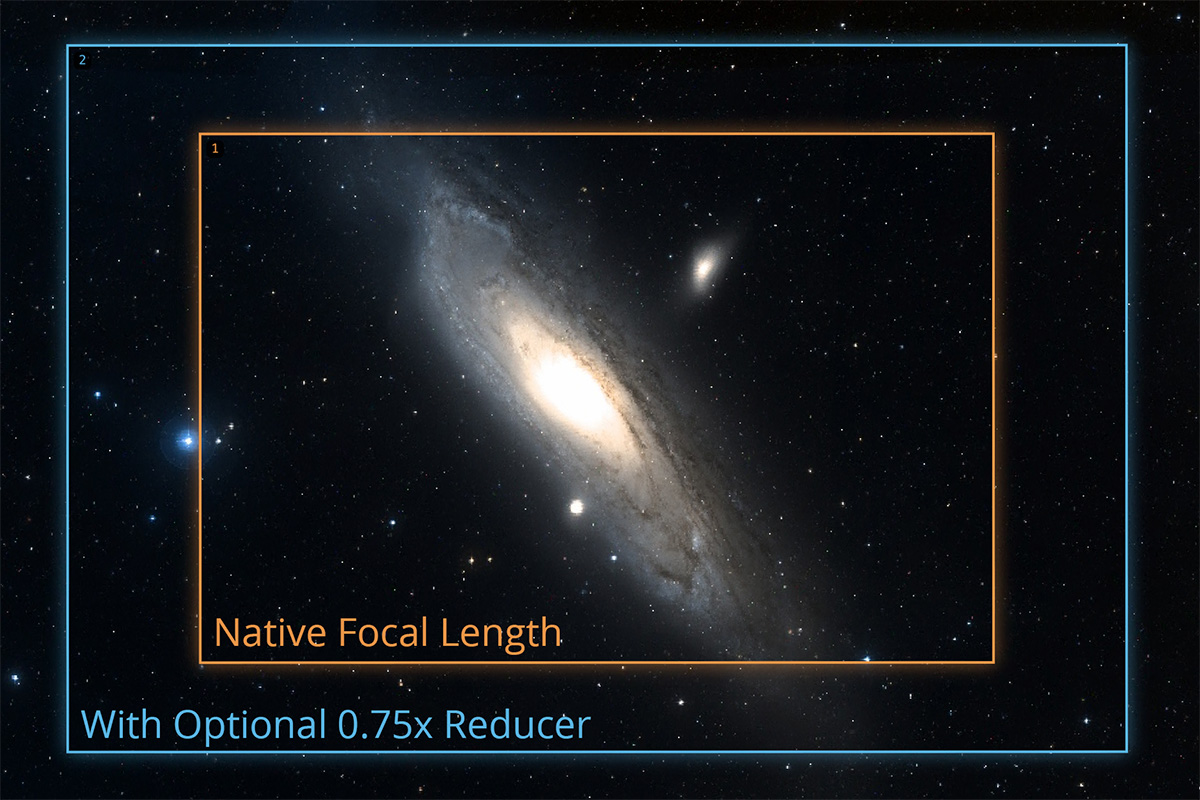 Field of view of the Askar 71F with and without the optional 0.75x reducer