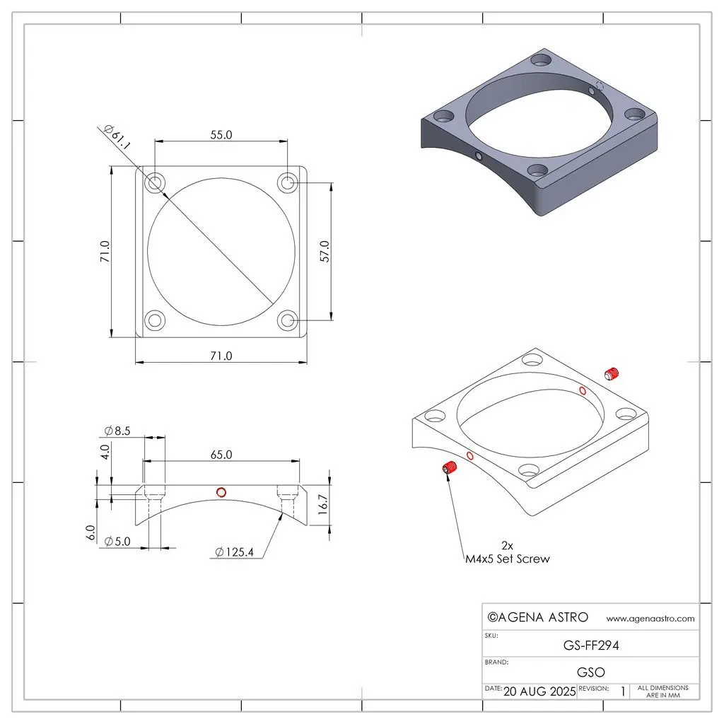 GSO 1.25" EAF Compatible Crayford Focuser for Reflectors 125mm base plate diagram