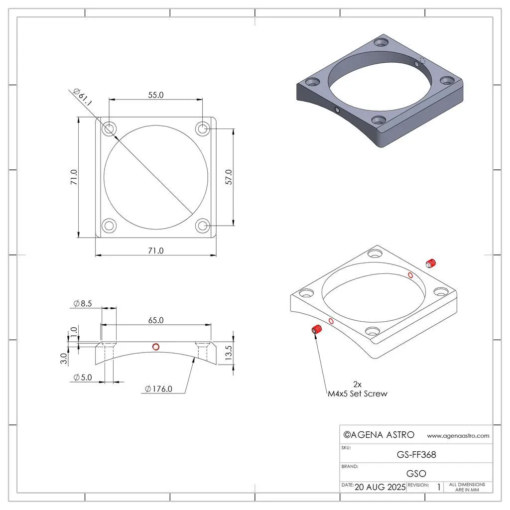 GSO 1.25" EAF Compatible Crayford Focuser for Reflectors 176mm base plate diagram