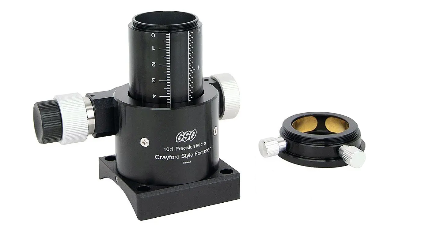 GSO 1.25" EAF Compatible Crayford Focuser for Reflectors with removable eyepiece holder and brass ring.