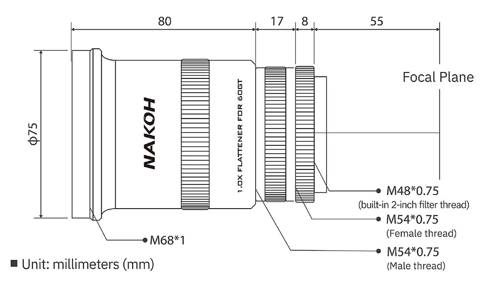 Nakoh 1.0x Flattener for 60GT Astrographs size and threading diagram.