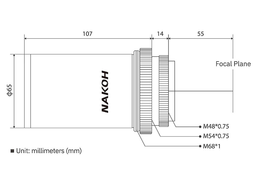Nakoh 0.65x Reducer for 60GT Astrographs size and threading diagram.