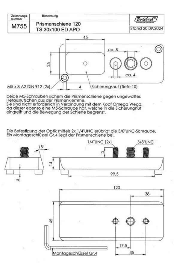 Berlebach Dovetail Plate (120mm) for WEGA/OMEGA Mounts Technical Diagram.