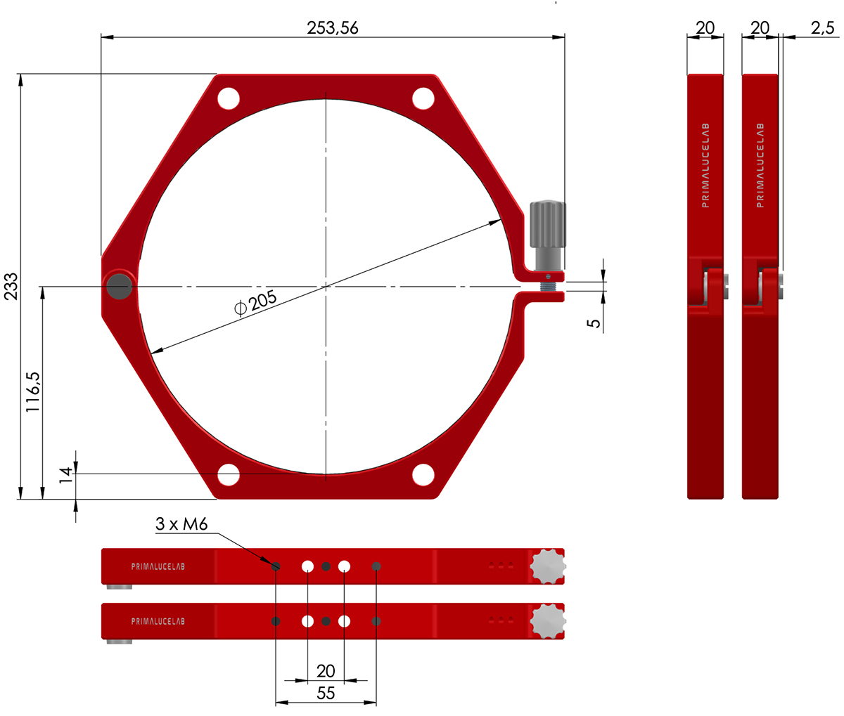 PrimaLuceLab 205mm PLUS support rings - Diagram