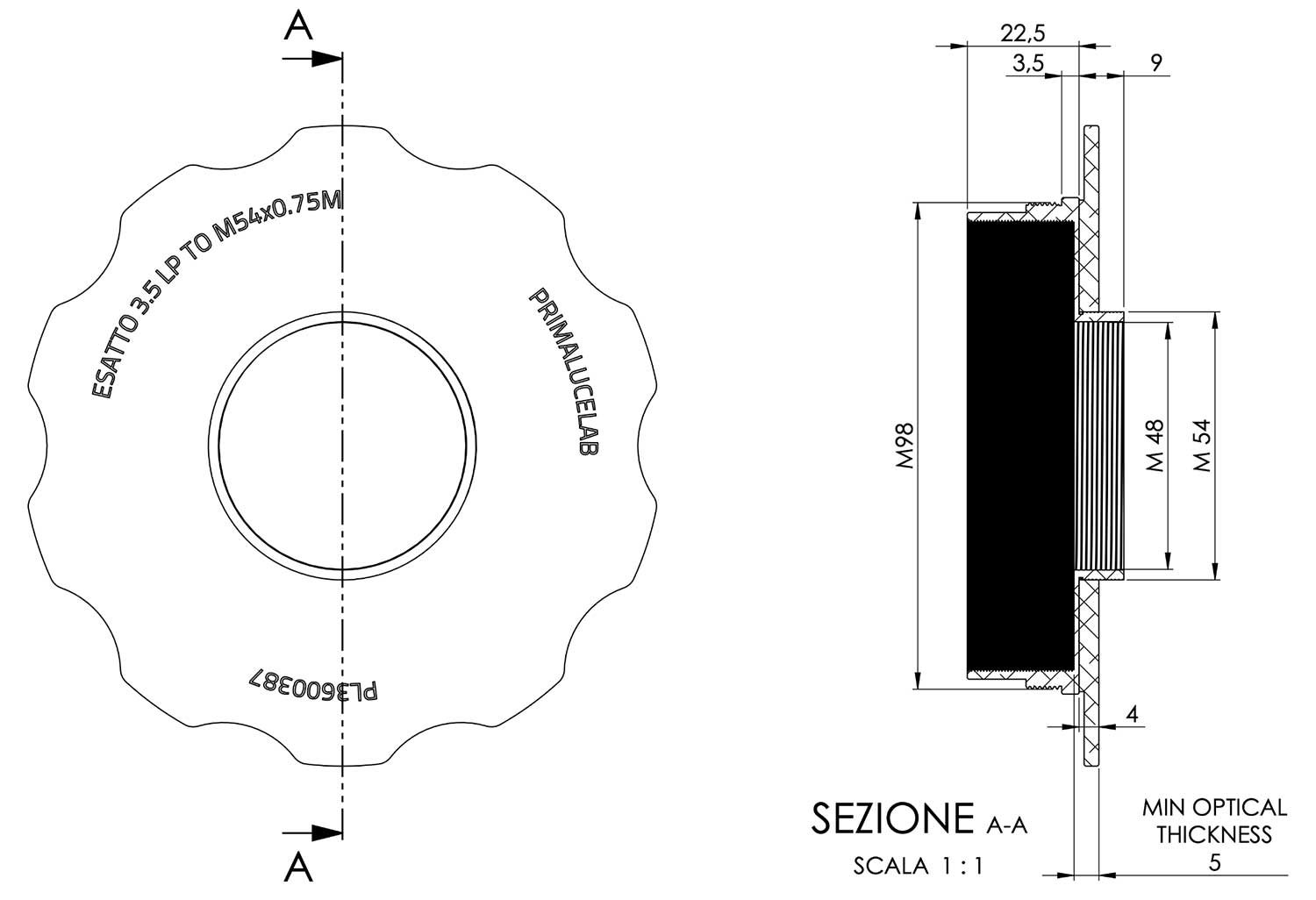 Adapter from M98 to M54 with stop ring for ESATTO 3.5” LP - PrimaLuceLab