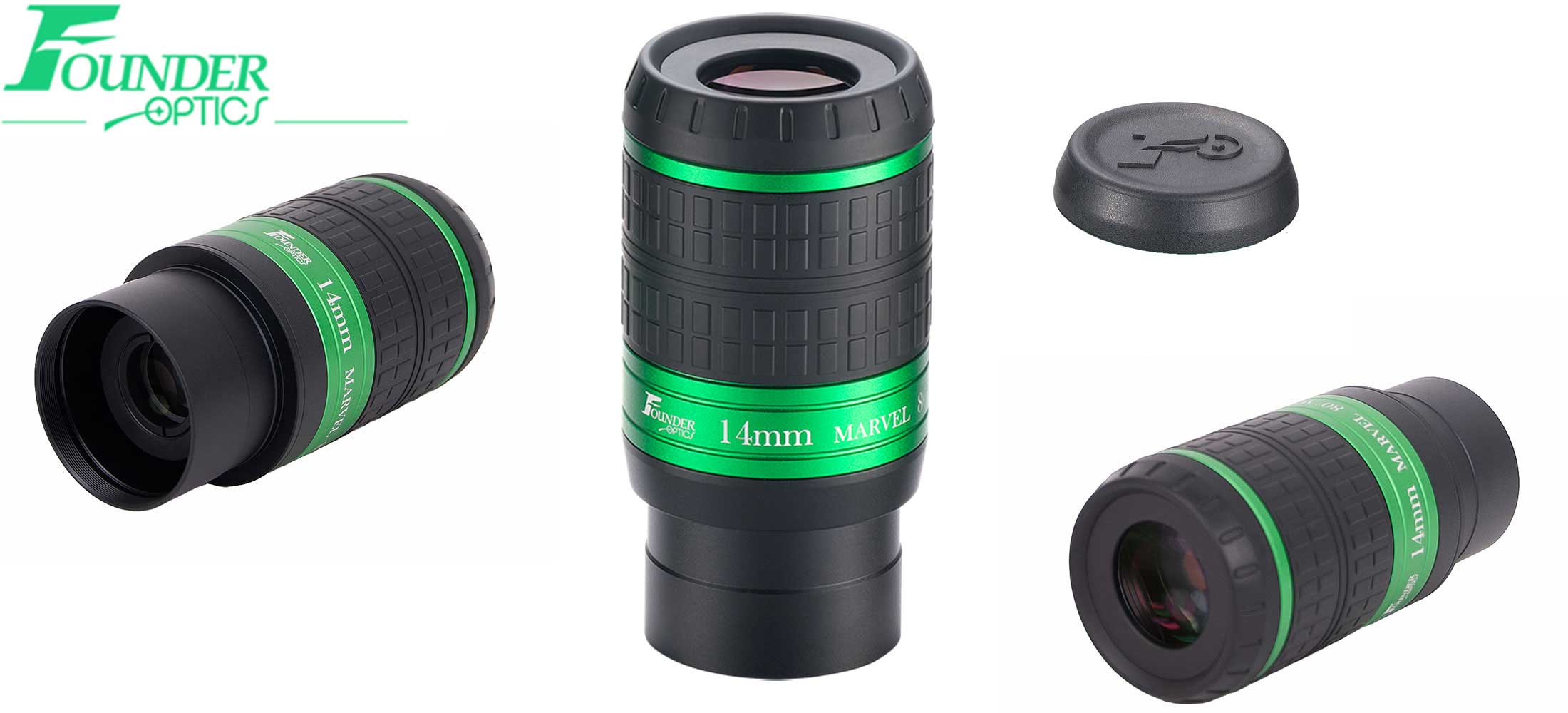 Founder Optics 1.25" 4mm 80 degree MARVEL Eyepiece banner of all three sides and eyepiece cap