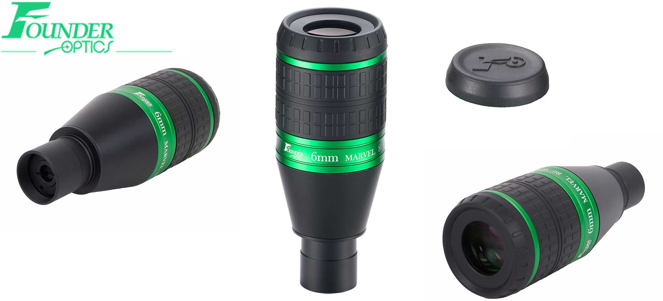 Founder Optics 1.25" 6mm 80 degree MARVEL Eyepiece banner of all three sides and eyepiece cap