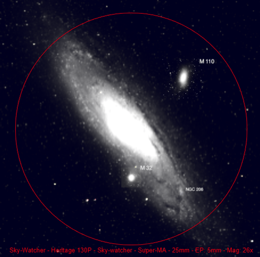 Simulated field-of-view astro-image through a Sky-Watcher Heritage 130P telescope with a 25mm eyepiece at 26x magnification, framing the Andromeda Galaxy (M31), M110, M32, and NGC 206