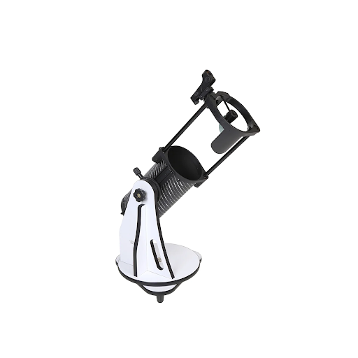 Profile view of the Sky-Watcher Heritage 130P collapsible tabletop Dobsonian telescope fully extended, highlighting the single-arm altazimuth mount design.