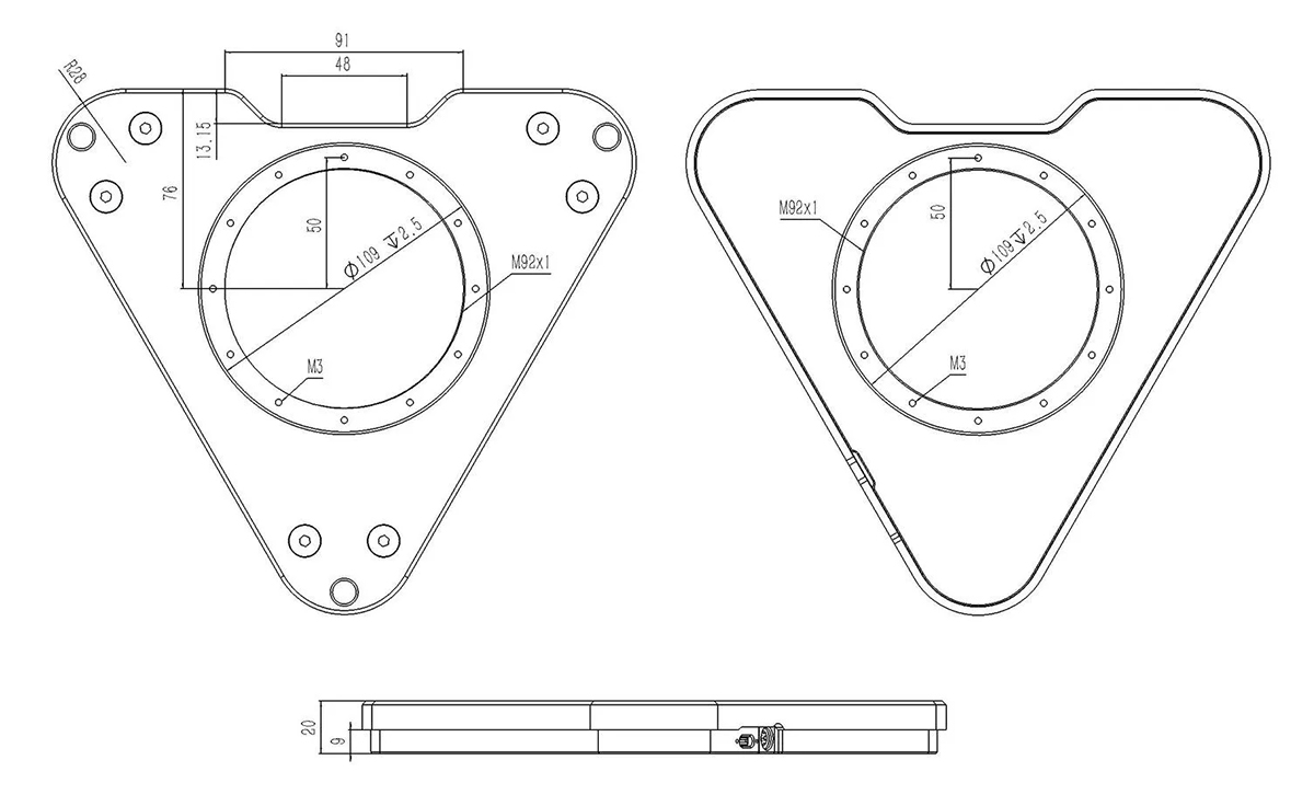 WandererAstro Wanderer FETA M92 Focuser & Electronic Tilt Adjuster dimensional diagrams.